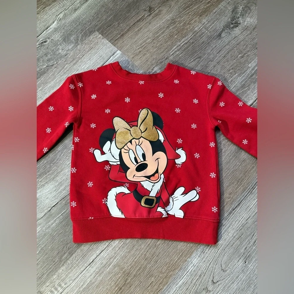 Disney Kids 4T Red White Minnie Mouse Santa Sweatshirt Winter Christmas Girls - Picture 2 of 5